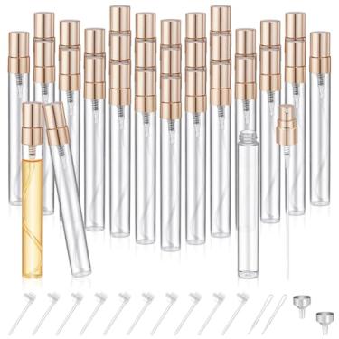 Imagem de AHANDMAKER 75 minifrascos de spray de 10 ml, vidro transparente, recarregável, atomizador de perfume, tamanho de viagem, pulverizador vazio com funil para presente de férias de óleo essencial (tampa