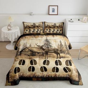 Imagem de Erosebridal Jogo de cama King com estampa de pata de animais e cervos sika, fazenda, caça, cabana, vintage, estilo rústico, com enchimento