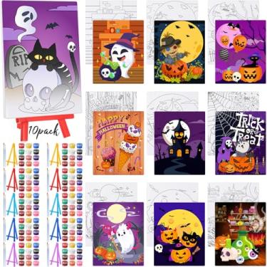Imagem de Blosssound 10 conjuntos de pintura em tela pré-impressa de Halloween fantasma pré-desenhada com kits de cavalete 12,7 cm x 17,8 cm painéis de pintura de contorno para iniciantes, projeto de artesanato