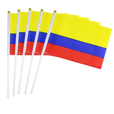Imagem de Pacote com 25 mini bandeiras colombianas pequenas de mão com bastão colombiano de topo redondo bandeiras nacionais de país, suprimentos de decoração de festa para desfiles, copa do mundo, eventos de