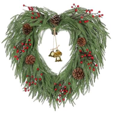 Imagem de Guirlanda de Natal de 61 cm para porta da frente com sinos, frutas vermelhas e pinhas, grande guirlanda artificial de pinheiro Norfolk, guirlandas de Natal verdes em forma de coração para parede
