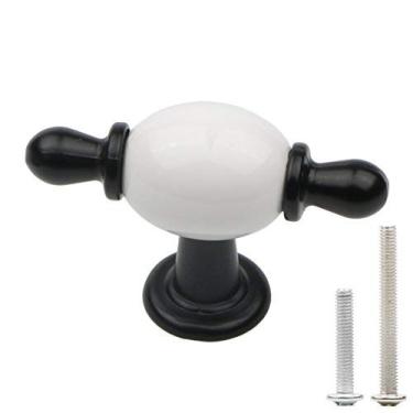 Imagem de Pxyelec Puxadores de armário de cerâmica preto e branco utensílios de cozinha puxadores de gaveta redonda puxadores de armário puxador europeu furo único pacote com 4