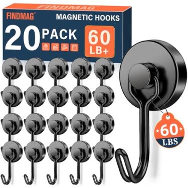 Imagem de FINDMAG Pacote com 20 ganchos magnéticos, 27 kg + ganchos magnéticos resistentes, ímã de neodímio forte com gancho para pendurar, ganchos de ímã preto para sala de aula, local de trabalho, geladeira