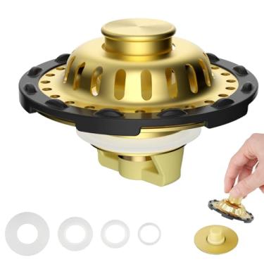 Imagem de Coador de cabelo universal para pia de banheiro, coletor de cabelo, metal de latão 3 em 1, rolha de pia de banheiro pop-up adequada para orifício de lavatório padrão de 2,8 cm ~ 6,8 cm, ouro escovado