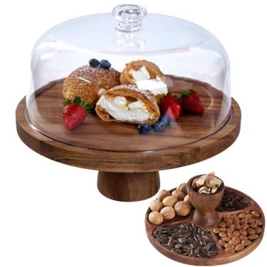 Imagem de Suporte de bolo com tampa, suporte de bolo redondo multifuncional de 30,5 cm, conjunto de exibição de mesa de sobremesa 2 em 1 de madeira de acácia, tábua de charcutaria para queijo, bandeja de frutas