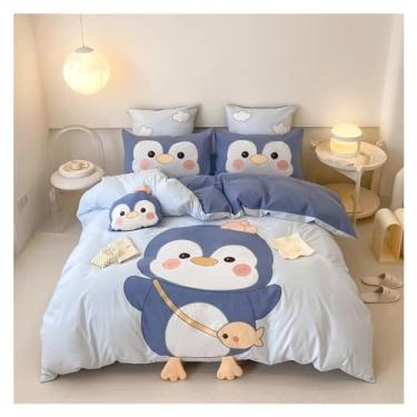 Imagem de Jogo de cama infantil 100% algodão fofo desenho animado pinguim coelho urso conjunto de cama casal capa de edredom fronhas presente infantil (pinguins tamanho casal 3 peças)