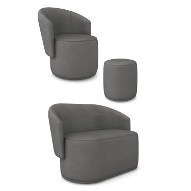 Imagem de Sofá Namoradeira com Poltrona e Puff Orgânico Sala Malu Sintético Grafite M11 - D'Rossi