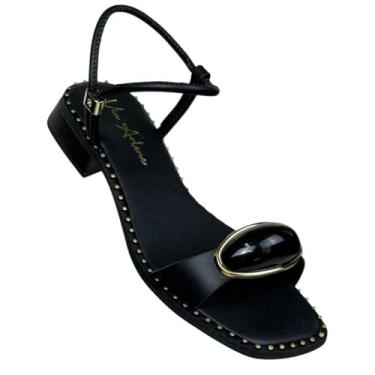 Imagem de Sandália Tamanco Feminino Salto Baixo Conforto Ajustável Regulável Enfeite Lesma Tachas Bico Quadrado (Preto, BR, Adulto, Numérico, 39)