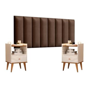 Imagem de Cabeceira Cama Casal Queen Kit Com Mesa de Cabeceira Off Freijó - 8 Módulos Auto Adesivos (SUEDE MARROM)