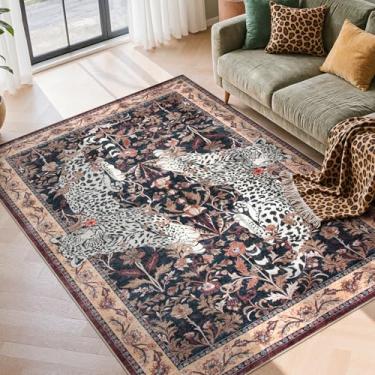Imagem de Moynesa Tapetes laváveis de leopardo para sala de estar, tapete macio vintage 12 x 18 cm para quarto, antiderrapante, boho, ultrafino, grande, resistente a manchas para sala de hóspedes, vermelho