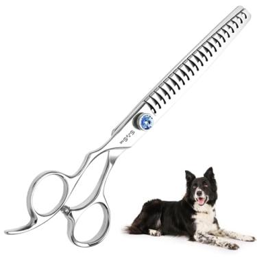 Imagem de 7 polegadas esquerda cão cuidado tesoura, Japão VG10 aço profissional animal de estimação tesoura, 18 dentes chunker com segurança sem ruído ponta blunt, 65% taxa de diluição