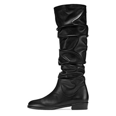 Imagem de Bigfanshu Botas femininas até o meio da panturrilha, cano curto, preta, de poliuretano, parte inferior lisa, vinco no joelho, 2020, outono e inverno, novo tamanho grande, Preto, 39 M EU