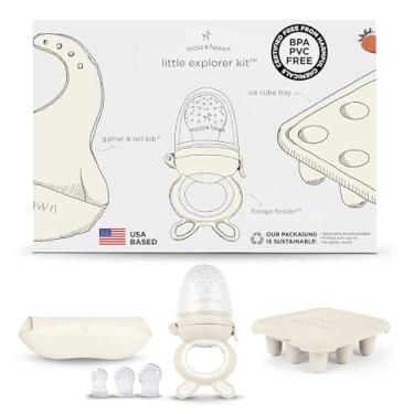 Imagem de Moss and Fawn Little Explorer Kit - Silicone Frozen Breast Milk Popsicle Kit with Forage Feeder, Teething Popsicle Ice Cube Tray, & Gather & Roll Baby Feeding Bib - BPA, PVC, & Lead-Free - Ecru