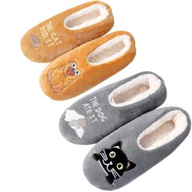 Imagem de HUGSWEET Pantufa para mulheres e homens, grossas, quentes, felpudas, com aderência, forro de ovelha, meias antiderrapantes e macias com caixa de presente (Cão marrom e gato cinza, adulto, mulheres, 9