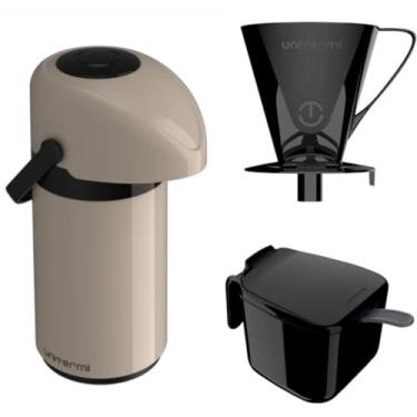 Imagem de Kit Garrafa Térmica PressãoVerona 600ml, com Suporte para Filtro de Café e Açucareiro (Bege e Preto)