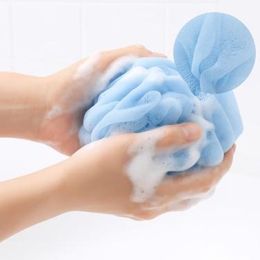Imagem de Esponja de banho para chuveiro, bucha de 50 g malha pufe de banho Scrunchies Sabonete corporal Puff Puff, 2 peças (branco + azul)