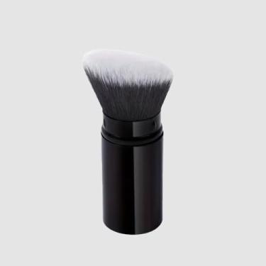 Imagem de Pincel retrátil Kabuki para maquiagem facial impecável, ferramenta portátil para base, pó, creme e bronzeador, cabeça inclinada plana preta