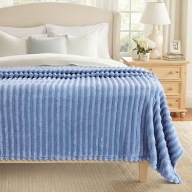Imagem de decorUhome Cobertor Queen Size de lã macia azul cinza para cama, manta listrada grande de flanela de pelúcia fofa para sofá de sofá, cobertor felpudo decorativo leve para mulheres e meninas, 222 x 232