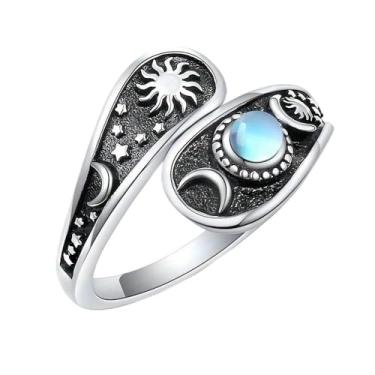 Imagem de Anel feminino com pedra da lua, estrela, colher, vintage, envoltório de dedo, ajustável, delicado, elegante, aliança aberta de casamento, compromisso, noivado, aniversário, declaração, ajuste