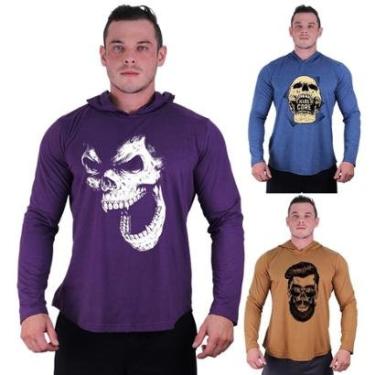 Imagem de Kit 3 Camisetas Manga Longa com Touca Longline Estampada Treino Academia Lazer Casual-Masculino
