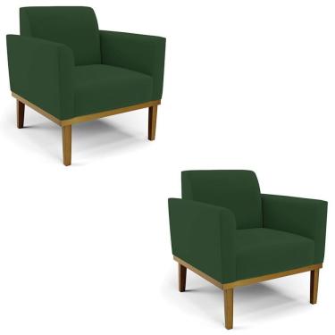 Imagem de Poltrona Base Madeira Castanho Kit 2 Maressa Veludo Verde - Ibiza