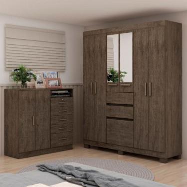 Imagem de Dormitório Casal Completo Roupeiro C/pes E Espelho Cor Rústica Demolição Genialflex