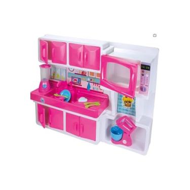 Imagem de Cozinha Doce Encantada Infantil, Rosa e Branca, Plástico, 64x15x83cm, com Micro-ondas, Pia, Armário, Liquidificador, Batedeira e Talheres, para Crianças Acima de 3 Anos