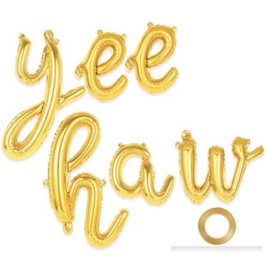 Imagem de Balões Yee Haw dourados de 40,6 cm, bandeira Yee Haw Yeehaw balões de alumínio para primeiro rodeio aniversário cowboy cowgirl chá de bebê decoração ocidental (ouro)