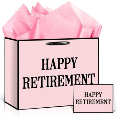 Imagem de Innovoscape Bolsa de presente Happy Retirement, grande roxa e prata, com papel de embrulho e cartão para mulheres, decorações de despedida de festa (rosa)