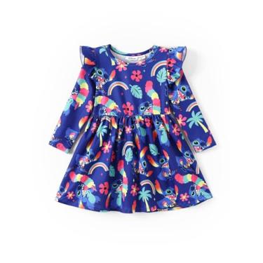 Imagem de Disney Princess Frozen Elsa Minnie Mickey Stitch Vestido de manga comprida manga longa roupas infantis de bebê para criança pequena, Azul profundo, 5-6 Anos