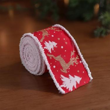 Imagem de 【Fita de tecido com estampa de Natal】 Fita de Natal com estampa de Papai Noel e Rena - Materiais de Embrulho de Presente e Decoração de 2 metros (6,3/6,8/5,3 cm de largura, rolo único) (6,8 cm de teia