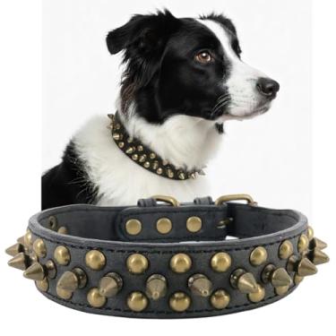 Imagem de UVONOKAY Coleira para Cães com Cravos Anti-Mordida Ajustável Estilosa Coleira de Couro para Cães Pequenos, Médios e Grandes (Preto Retrô, PP)