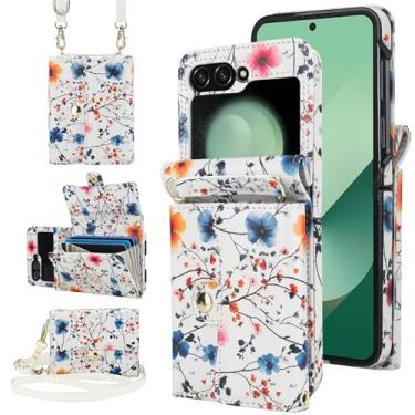 Imagem de LazyGoose Capa tipo carteira transversal para Samsung Galaxy Z Flip 6 acordeão, 4 compartimentos para cartão, bloqueio de RFID e 3 alças - Floral vibrante fofo colorido florescendo arte moderna