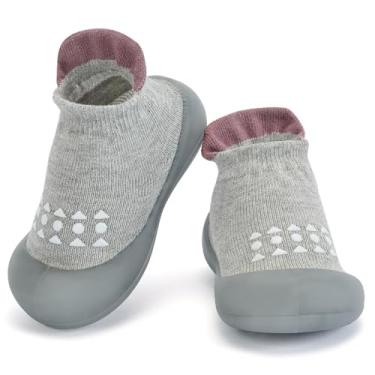 Imagem de Pantufas respiráveis antiderrapantes com sola de borracha macia para bebês meninos e meninas, Cinza, 18-24 Months Toddler