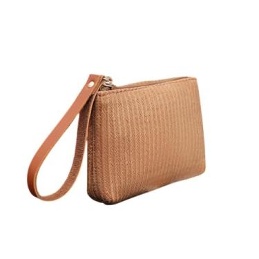 Imagem de Carteira feminina pequena de palha boêmia verão praia bolsa de palha com zíper carteiras de pulso para mulheres, Marrom claro, Simplicidade