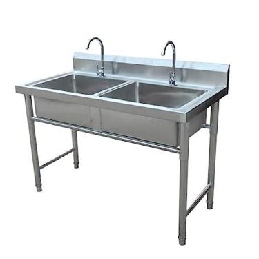 Imagem de TRGCJGH Lavatório de tigela dupla, pia comercial/industrial, lavatório de mão de preparação e utilitário para lavanderia, pia de cozinha de aço inoxidável (120 x 60 x 80 cm/47,2 x 23,6 x 31,4 pol.)