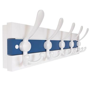 Imagem de SKOLOO Cabide de parede costeiro – Gancho de madeira para entrada de casa de praia de 43 cm com 5 ganchos para pendurar casacos, chapéus ou toalhas, coleção de cabanas à beira-mar, branco e azul