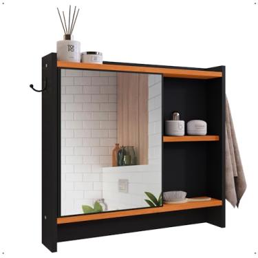 Imagem de Espelheira Genova Armário Suspenso Gancho Prateleira Organizadora Armarinho Banheiro Preto/Cinamomo - Lojas RPM