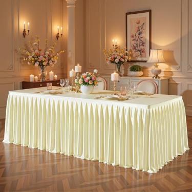 Imagem de Toalhas de mesa retangulares de cetim champanhe, 1,8 m, capas de mesa elásticas com glitter, resistente a vincos, comprimento até o chão, brilhante, saia de mesa plissada para casamentos, festas de