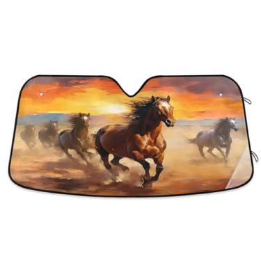 Imagem de ATTX Para-brisa de carro vermelho laranja marrom cavalos 139.7 cm x 70.1 cm escudo solar universal com proteção UV, persiana de janela frontal automática dobrável para caminhões Sedans SUVs #487