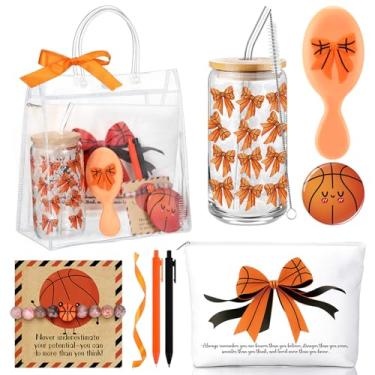 Imagem de Roshtia Presentes de basquete, lembrancinhas de festa, copo de vidro, bolsa de maquiagem, pulseira, mini escova de cabelo, espelho compacto, caneta esferográfica, cartão para amantes de basquete
