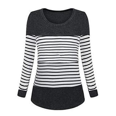 Imagem de Camisetas de amamentação, preta, confortável, elástica, manga comprida para grávidas (M)