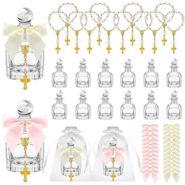 Imagem de YDCYYH 12 Set Holy Water Bottle Baptism Favors for Guests Recuerdos De Bautizo for Communion Christian Catholic Holy Bottle with Rosary Bow for Gifts Church Baptism Decor (C Color)
