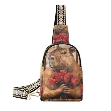 Imagem de CEBUGI Bolsa feminina Capibara Flowers, pequena, de couro, transversal, pochete para trilhas, viagens ao ar livre