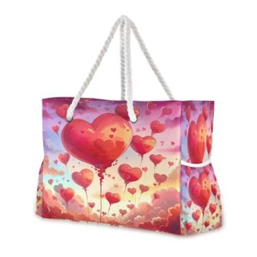 Imagem de Wassud Bolsa de praia com coração vermelho, grande, para mulheres, impermeável, à prova de areia, bolsa de viagem com zíper e bolso para piscina, academia, acampamento