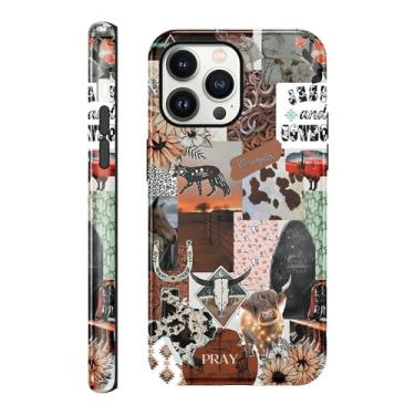 Imagem de Vulfwela Capa de telefone para iPhone 13 Pro de 6,1 polegadas Western Boho Collage, 2 em 1, chapéu de cowboy rosa vintage, cavalos, cabeça de touro, floral, capa de telefone country oeste, à prova de