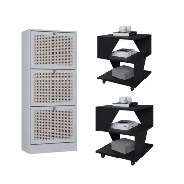 Imagem de Kit Sapateira Spin Tropical 3 Portas e 2 Mesas de Cabeceira/Centro Poquema