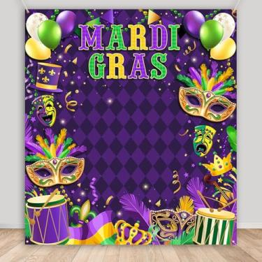 Imagem de AIBIIN Decoração de carnaval para carnaval, decoração de carnaval, máscara, faixa roxa com glitter, máscara, New Orleans, baile de máscaras, festa, 179,8 x 199,9 cm