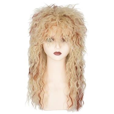 Imagem de Peruca longa cacheada loira anos 80 Rocker para mulheres faixa de cabelo Heavy Metal Cosplay Peruca fantasia Halloween