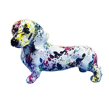 Imagem de IDORTYBB Estátua de cachorro dachshund de graffiti escultura de arte animal decoração de casa para sala de estar quarto prateleira de livros armário de TV decoração de mesa enfeites de centro de mesa